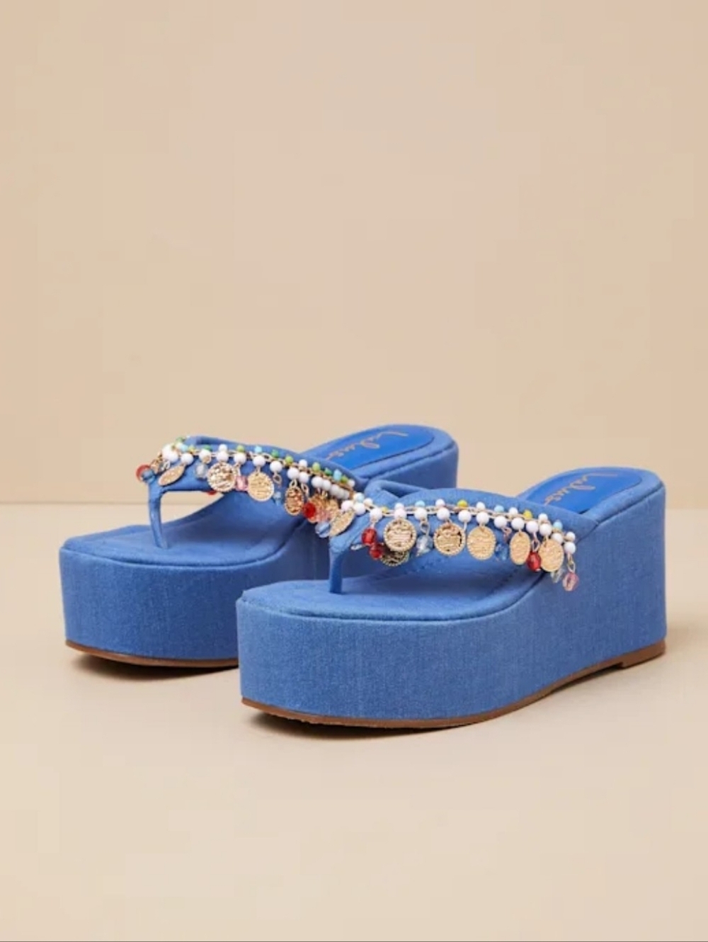 Lulus Tassilo Denim Embellished Flatform Thong Sandals